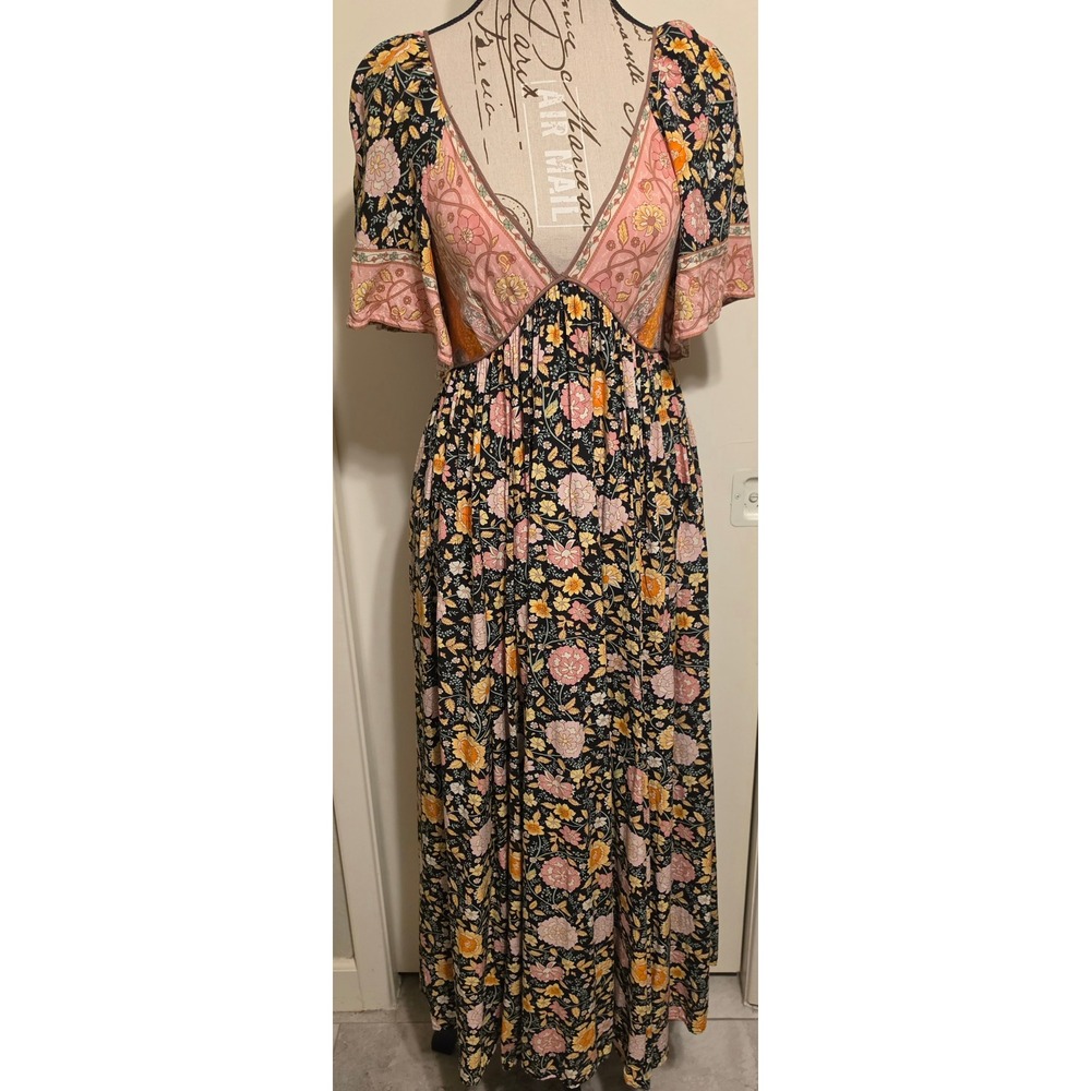 In Loom Womens Floral Maxi Dress Boho V-Neck Smocked Back Flutter Sleeve Black M